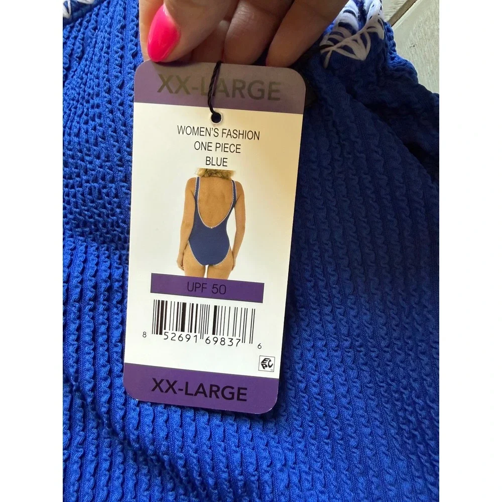 Blue Textured Smocked One Piece Swimsuit UPF 50 Scallop Trim XXL New